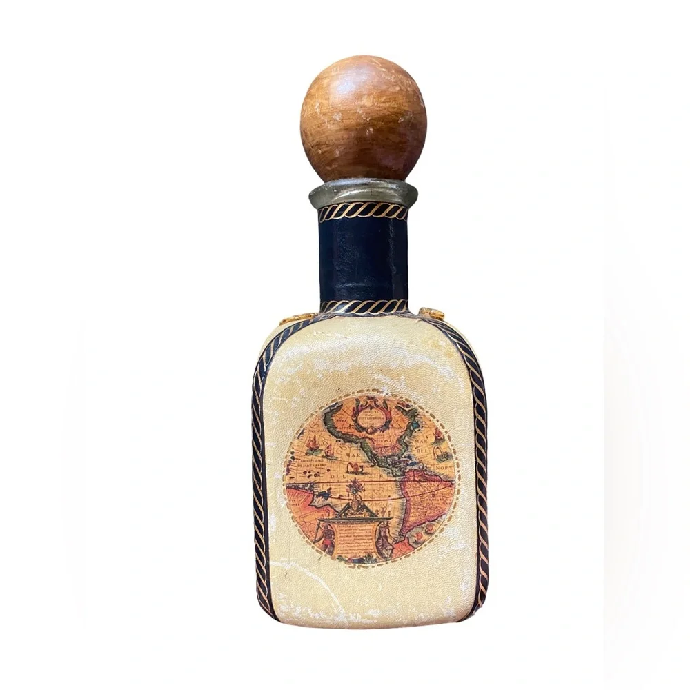 Vintage Italian Leather Wrapped‎ Glass Nautical Theme Decanter w/Wooden Stopper